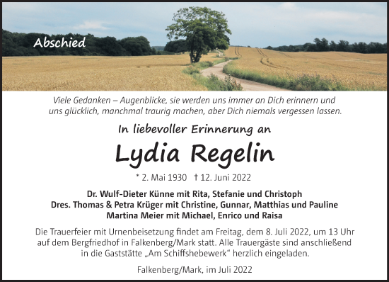 Traueranzeige von Lydia Regelin von Märkische Oderzeitung