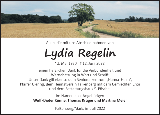 Traueranzeige von Lydia Regelin von Märkische Oderzeitung