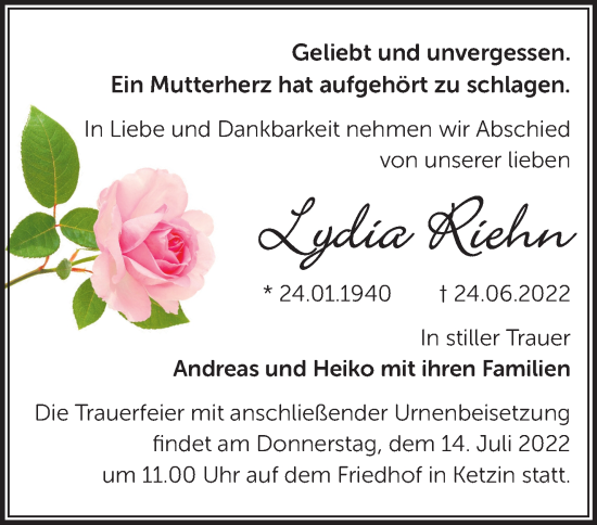 Traueranzeige von Lydia Riehn von Märkische Oderzeitung