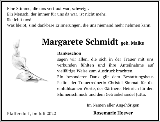 Traueranzeige von Margarete Schmidt von Märkische Oderzeitung