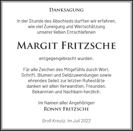 Traueranzeige von Margit Fritzsche von Märkische Oderzeitung