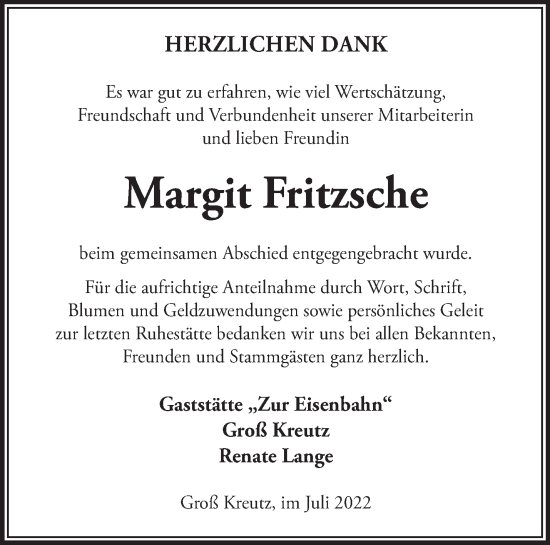 Traueranzeige von Margit Fritzsche von Märkische Oderzeitung