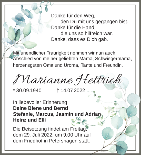 Traueranzeige von Marianne Hettrich von Märkische Oderzeitung