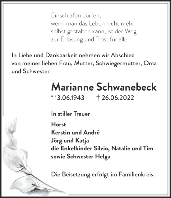 Traueranzeige von Marianne Schwanebeck von Märkische Oderzeitung