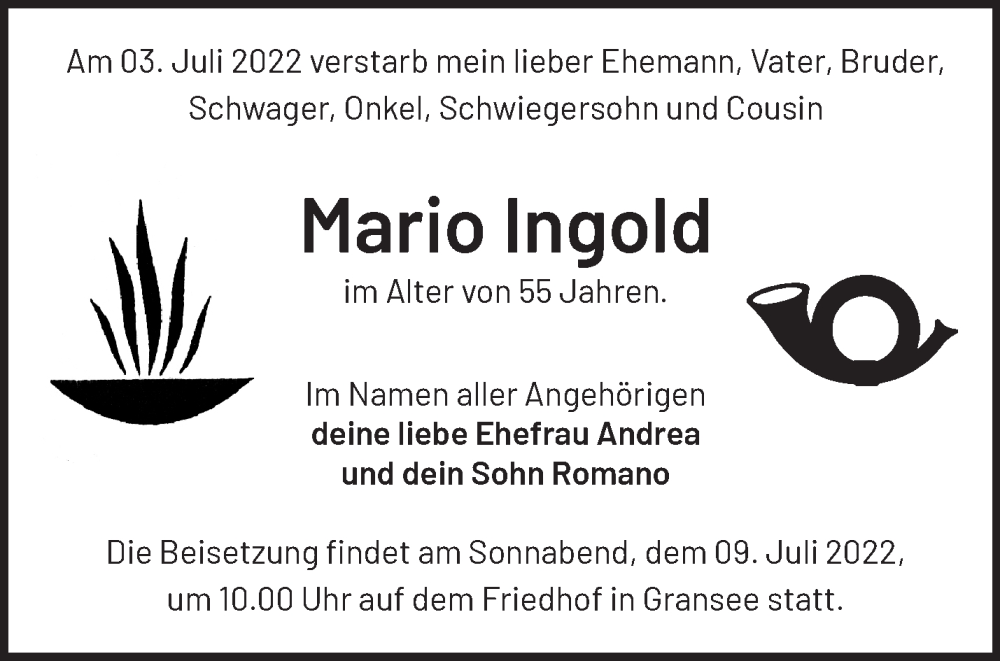  Traueranzeige für Mario Ingold vom 06.07.2022 aus Märkische Oderzeitung
