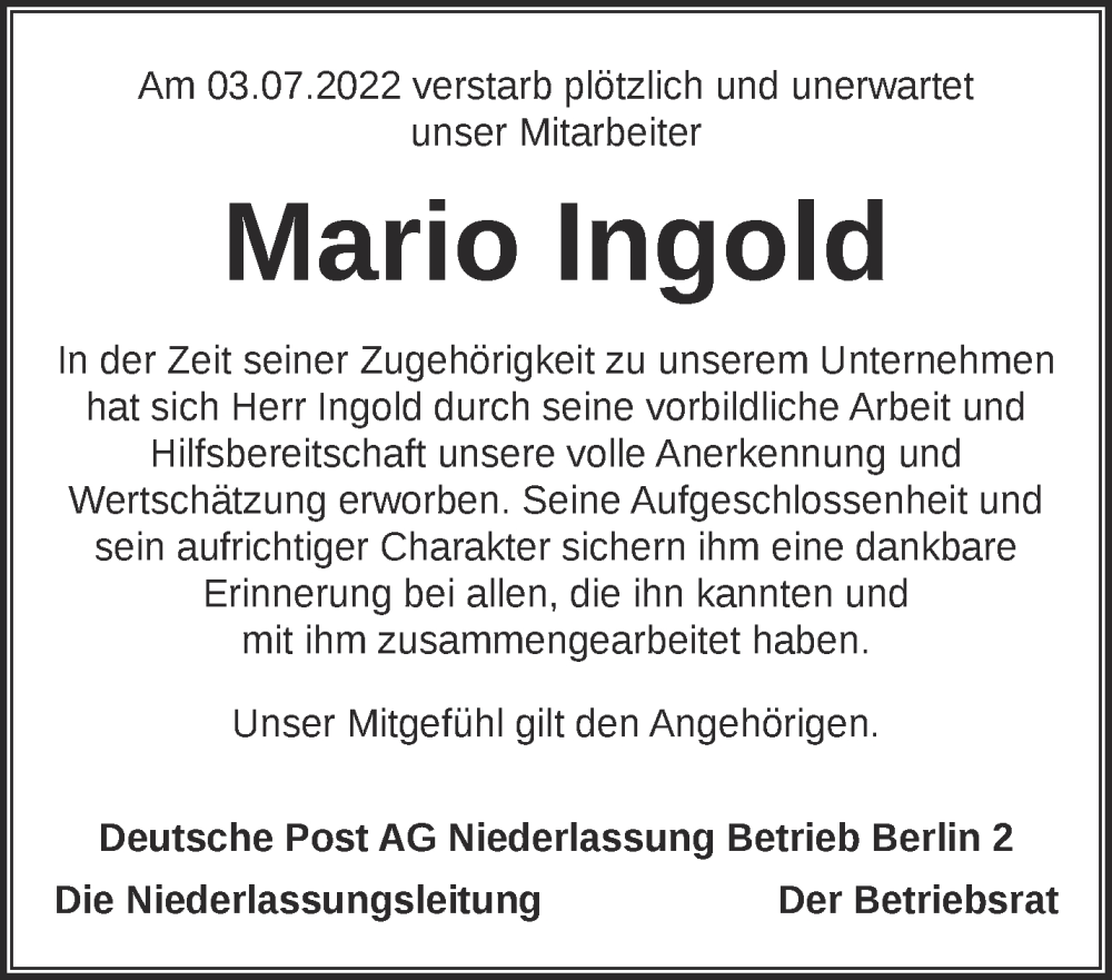  Traueranzeige für Mario Ingold vom 09.07.2022 aus Märkische Oderzeitung