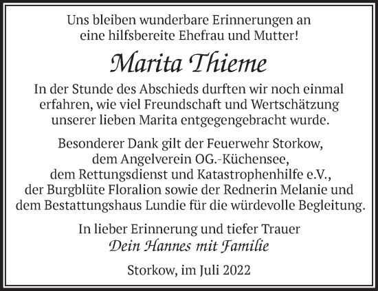 Traueranzeige von Marita Thieme von Märkische Oderzeitung