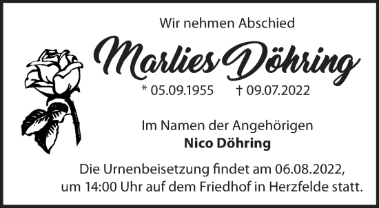 Traueranzeige von Marlies Döhring von Märkische Oderzeitung