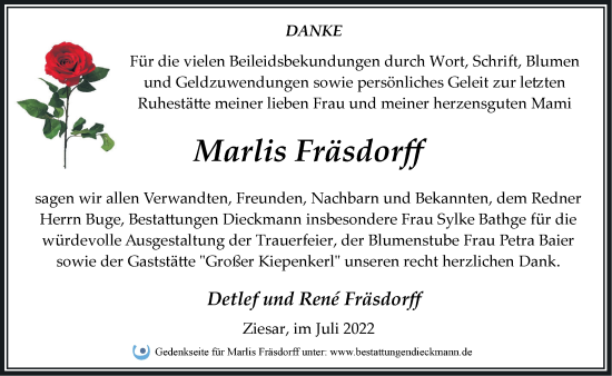 Traueranzeige von Marlis Fräsdorff von Märkische Oderzeitung