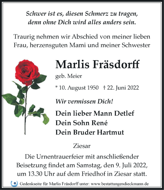 Traueranzeige von Marlis Fräsdorff von Märkische Oderzeitung