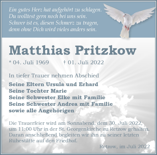 Traueranzeige von Matthias Pritzkow von Märkische Oderzeitung