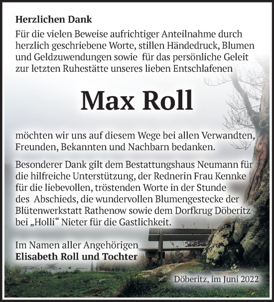 Traueranzeige von Max Roll von Märkische Oderzeitung