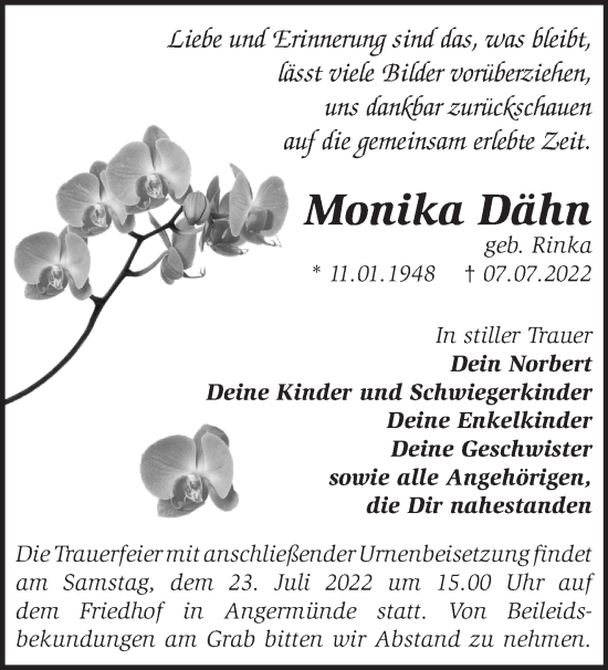 Traueranzeige von Monika Dähn von Märkische Oderzeitung