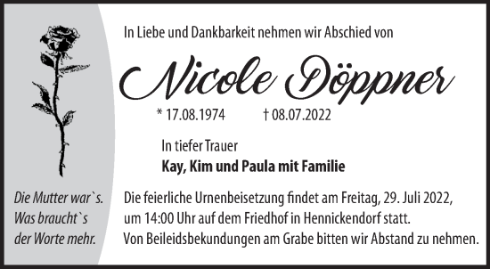 Traueranzeige von Nicole Döppner von Märkische Oderzeitung