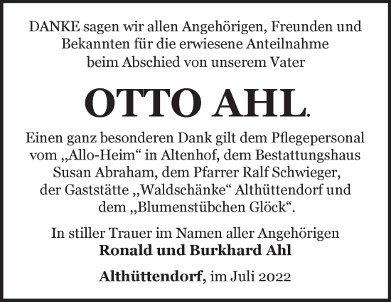 Traueranzeige von Otto Ahl von Märkische Oderzeitung