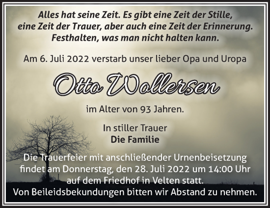 Traueranzeige von Otto Wollersen von Märkische Oderzeitung