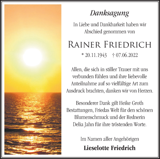 Traueranzeige von Rainer Friedrich von Märkische Oderzeitung