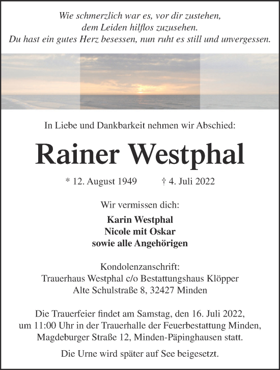 Traueranzeige von Rainer Westphal von Märkische Oderzeitung