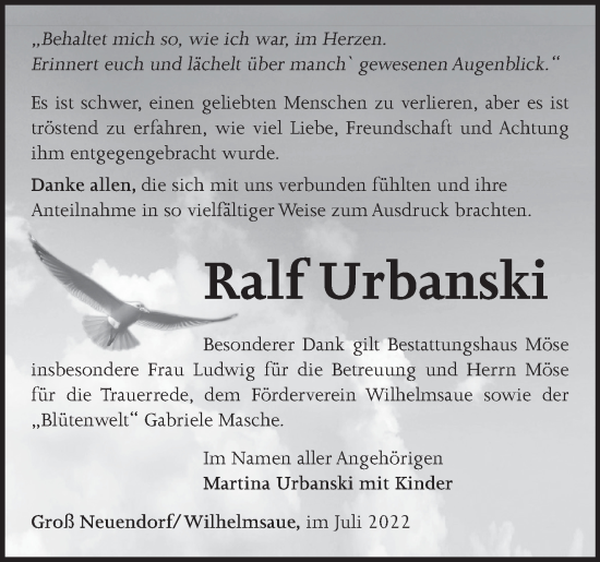 Traueranzeige von Ralf Urbanski von Märkische Oderzeitung