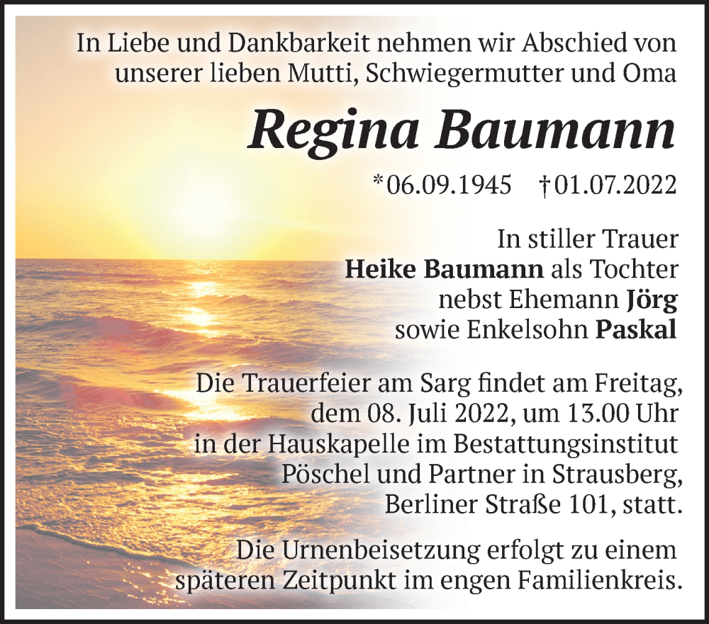  Traueranzeige für Regina Baumann vom 05.07.2022 aus Märkische Oderzeitung
