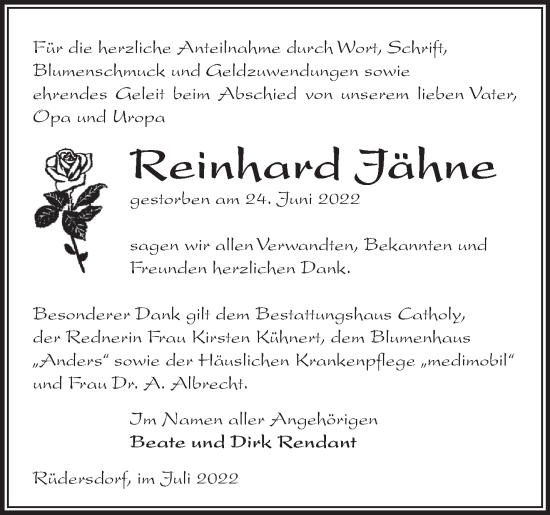 Traueranzeige von Reinhard Jähne von Märkische Oderzeitung