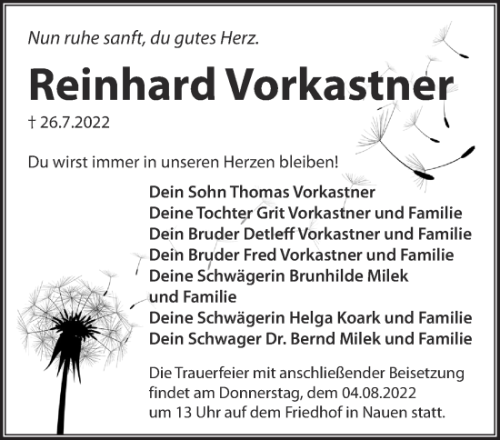 Traueranzeige von Reinhard Vorkastner von Märkische Oderzeitung