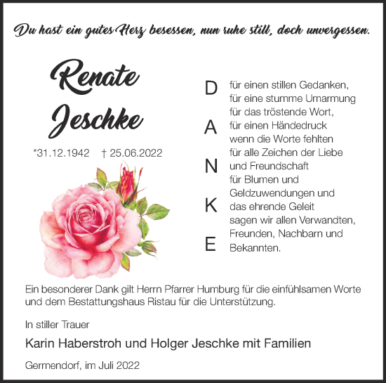 Traueranzeige von Renate Jeschke von Märkische Oderzeitung