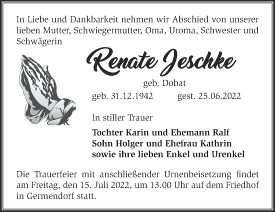 Traueranzeige von Renate Jeschke von Märkische Oderzeitung