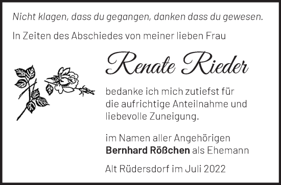 Traueranzeige von Renate Rieder von Märkische Oderzeitung