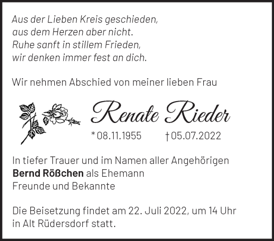 Traueranzeige von Renate Rieder von Märkische Oderzeitung