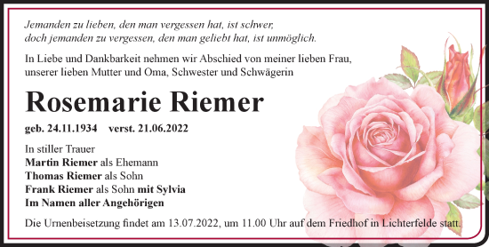 Traueranzeige von Rosemarie Riemer von Märkische Oderzeitung