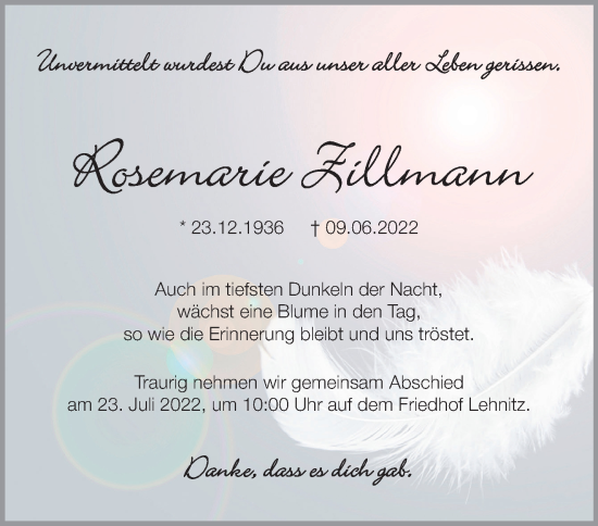 Traueranzeige von Rosemarie Zillmann von Märkische Oderzeitung