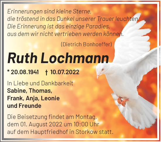 Traueranzeige von Ruth Lochmann von Märkische Oderzeitung