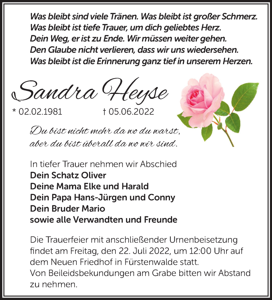  Traueranzeige für Sandra Heyse vom 16.07.2022 aus Märkische Oderzeitung