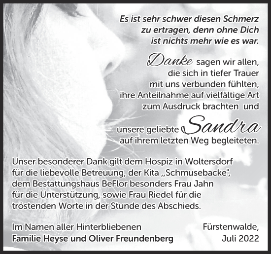 Traueranzeige von Sandra Heyse von Märkische Oderzeitung