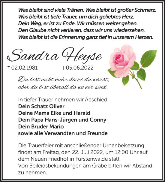 Traueranzeige von Sandra Heyse von Märkische Oderzeitung