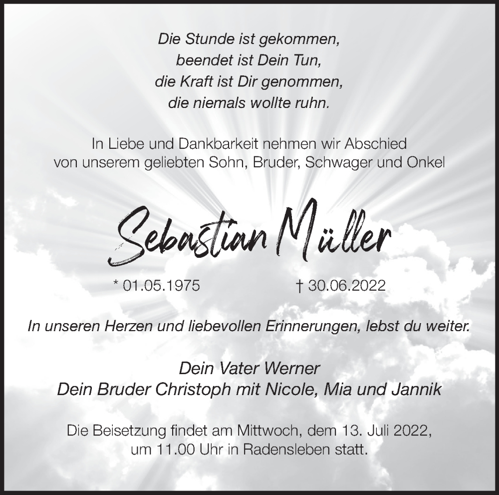  Traueranzeige für Sebastian Müller vom 06.07.2022 aus Märkische Oderzeitung