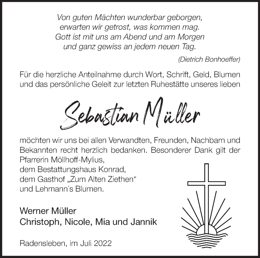  Traueranzeige für Sebastian Müller vom 23.07.2022 aus Märkische Oderzeitung