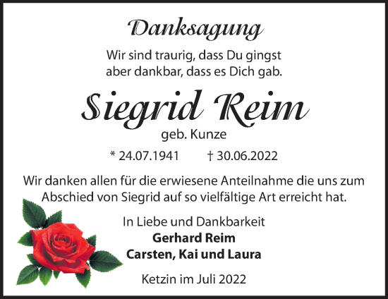 Traueranzeige von Siegrid Reim von Märkische Oderzeitung