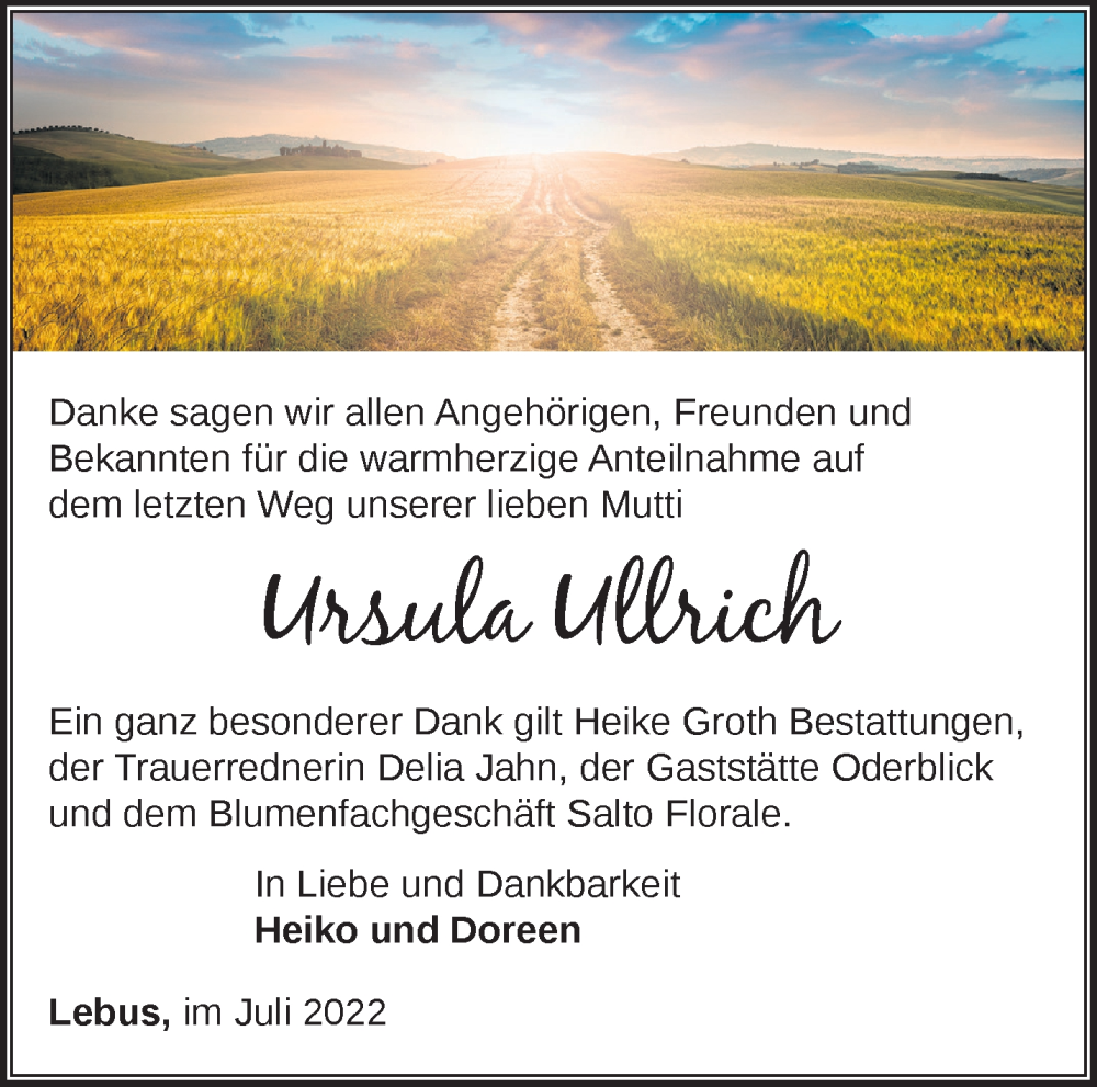  Traueranzeige für Ursula Ullrich vom 27.07.2022 aus Märkische Oderzeitung