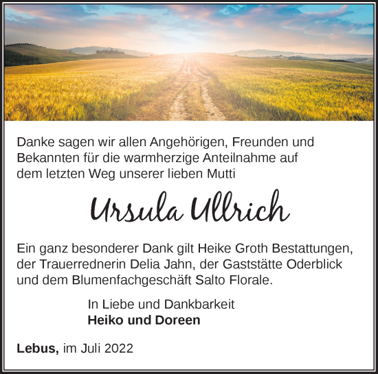 Traueranzeige von Ursula Ullrich von Märkische Oderzeitung