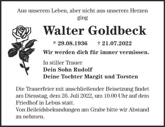 Traueranzeige von Walter Goldbeck von Märkische Oderzeitung