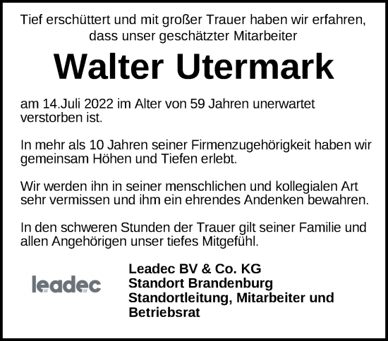 Traueranzeige von Walter Utermark von Märkische Oderzeitung