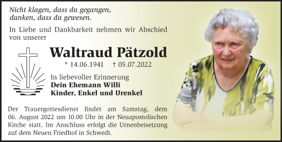 Traueranzeige von Waltraud Pätzold von Märkische Oderzeitung