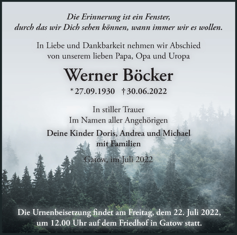  Traueranzeige für Werner Böcker vom 06.07.2022 aus Märkische Oderzeitung