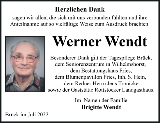 Traueranzeige von Werner Wendt von Märkische Oderzeitung