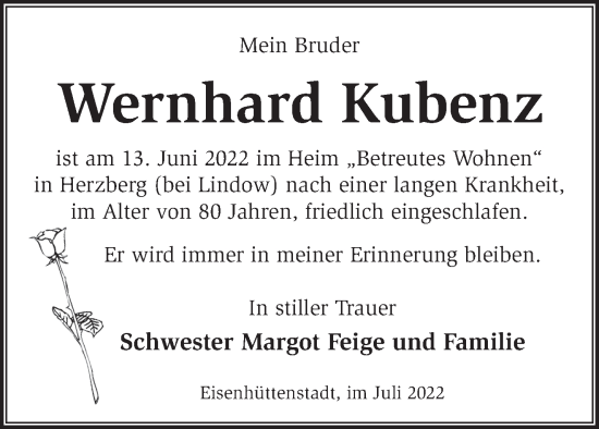 Traueranzeige von Wernhard Kubenz von Märkische Oderzeitung