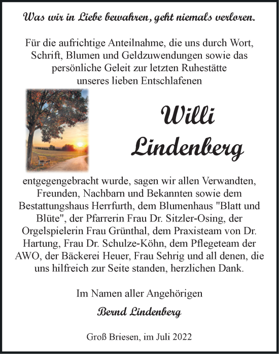 Traueranzeige von Willi Lindenberg von Märkische Oderzeitung