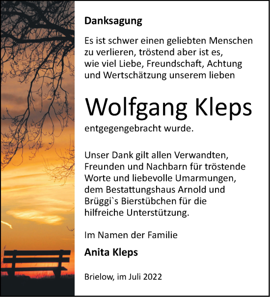 Traueranzeige von Wolfgang Kleps von Märkische Oderzeitung