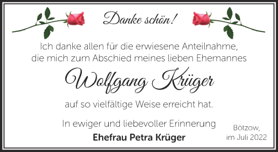 Traueranzeige von Wolfgang Krüger von Märkische Oderzeitung